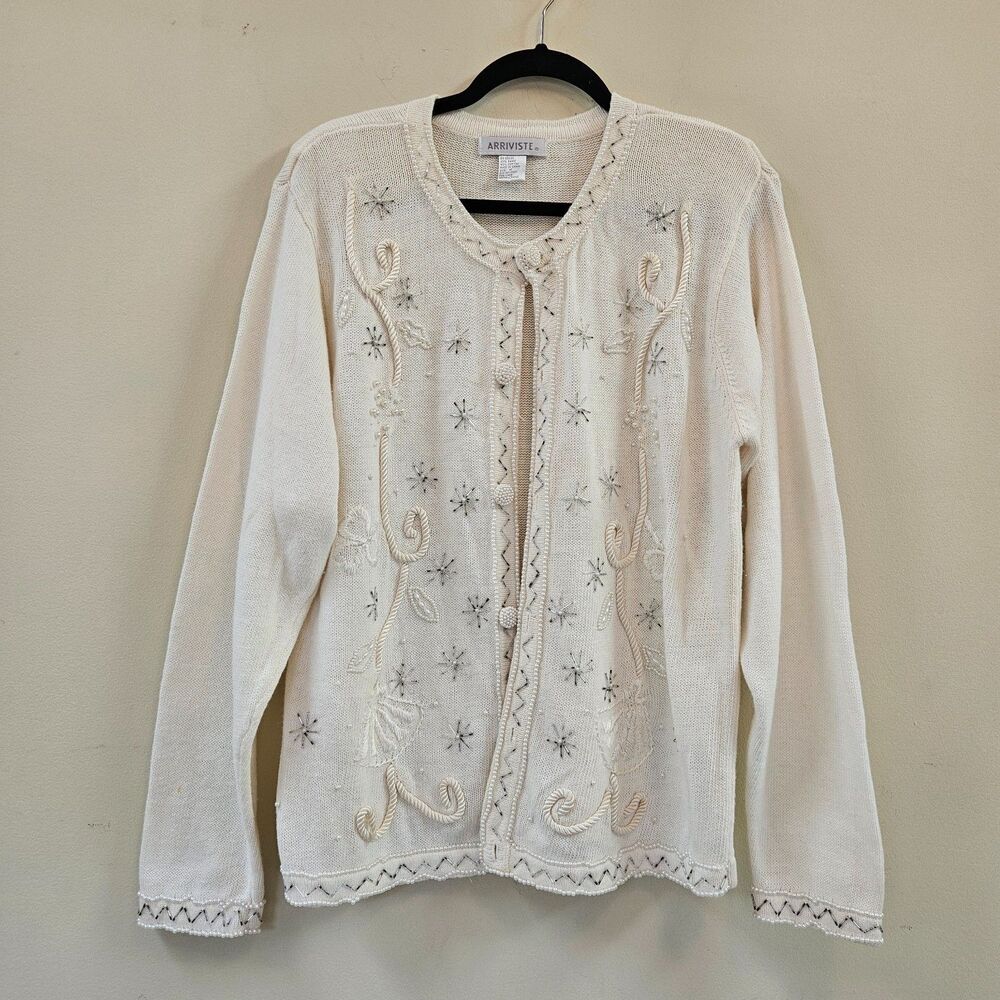Arriviste Cardigan Sweater Women's Sz L Embroidered Beaded Pearl Buttons Vintage